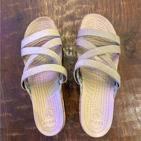 Women’s Crocs A-Leigh Leather Upper Cork Platform Wedge Slide On Sandals Size 8 - Picture 7 of 7